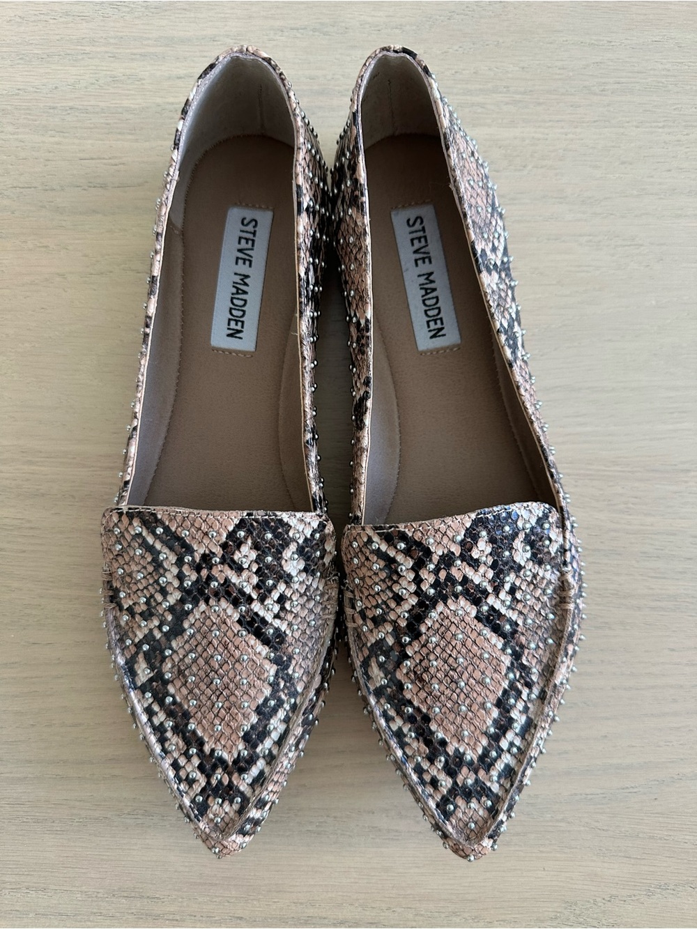 Steve Madden Women's Snake-Print Pointed Flats in Tan/Black - Size 7.5